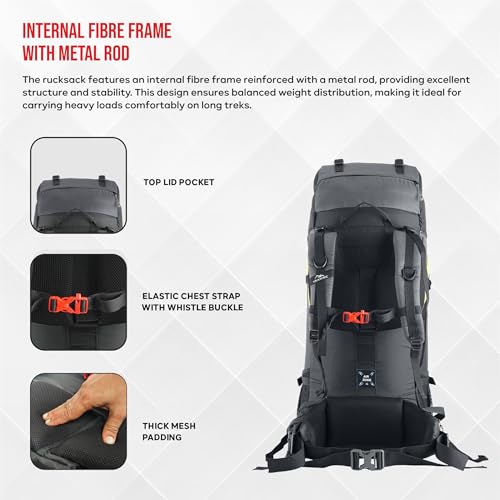 TRAWOC SKYRANGER 70 Liter Internal Frame Camping Backpack Trekking Hiking Rucksack Bag for Men & Women Travel Bag Front & Top Loading/Water Proof Rain Cover/Shoe Compartment, BHK011, Grey - Image 3