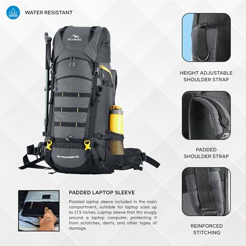 TRAWOC SKYRANGER 70 Liter Internal Frame Camping Backpack Trekking Hiking Rucksack Bag for Men & Women Travel Bag Front & Top Loading/Water Proof Rain Cover/Shoe Compartment, BHK011, Grey - Image 5