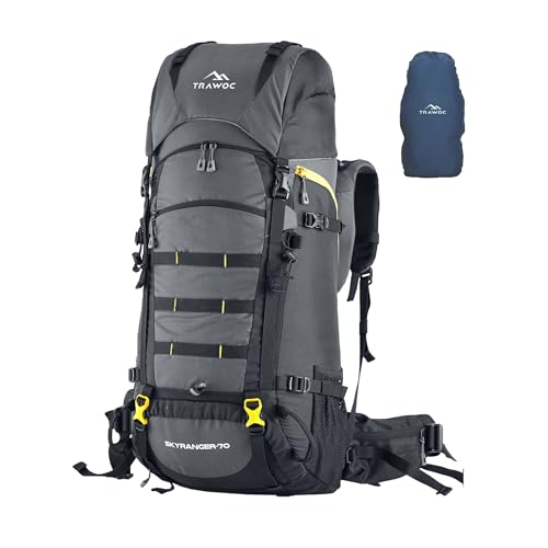 TRAWOC SKYRANGER 70 Liter Internal Frame Camping Backpack Trekking Hiking Rucksack Bag for Men & Women Travel Bag Front & Top Loading/Water Proof Rain Cover/Shoe Compartment, BHK011, Grey - Image 1