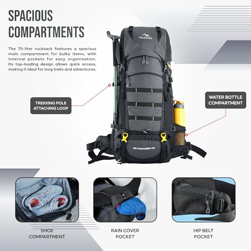 TRAWOC SKYRANGER 70 Liter Internal Frame Camping Backpack Trekking Hiking Rucksack Bag for Men & Women Travel Bag Front & Top Loading/Water Proof Rain Cover/Shoe Compartment, BHK011, Grey - Image 4