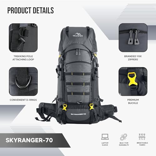 TRAWOC SKYRANGER 70 Liter Internal Frame Camping Backpack Trekking Hiking Rucksack Bag for Men & Women Travel Bag Front & Top Loading/Water Proof Rain Cover/Shoe Compartment, BHK011, Grey - Image 2