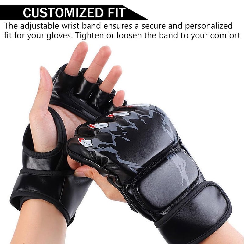 Proberos ® Boxing Gloves Black Print MMA Gloves with Adjustable Wristband, Breathable Fingerless MMA Gloves for Boxing, Muay Thai and Sparring Sessions, Punching Gloves (23*12cm) - Image 3
