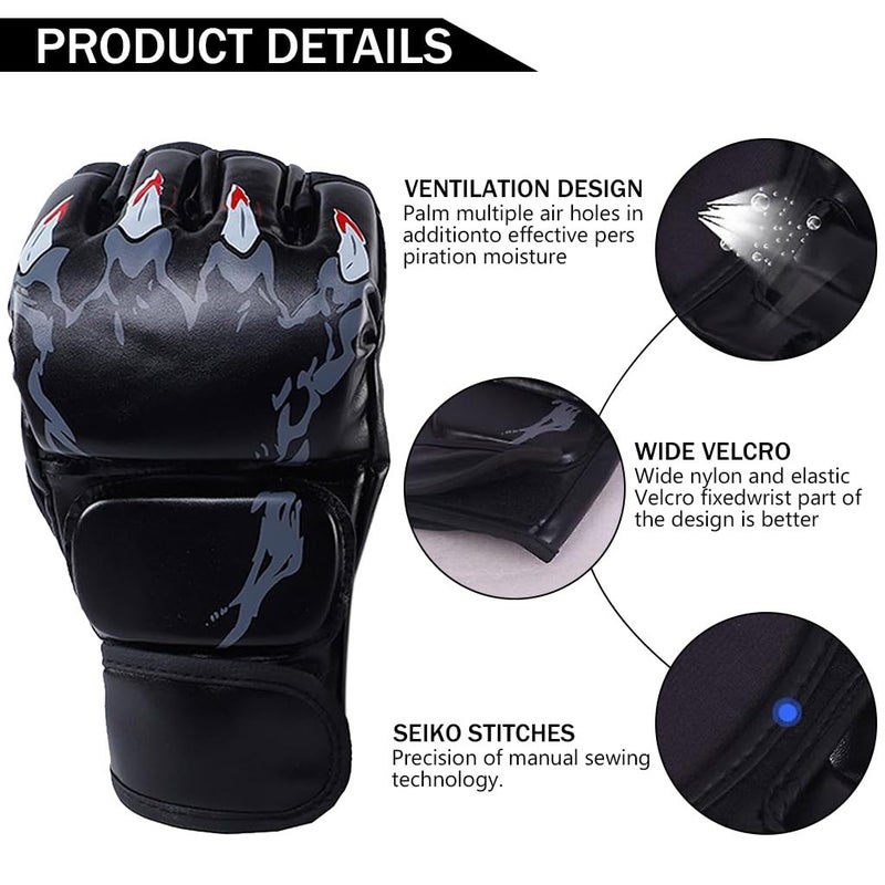 Proberos ® Boxing Gloves Black Print MMA Gloves with Adjustable Wristband, Breathable Fingerless MMA Gloves for Boxing, Muay Thai and Sparring Sessions, Punching Gloves (23*12cm) - Image 4