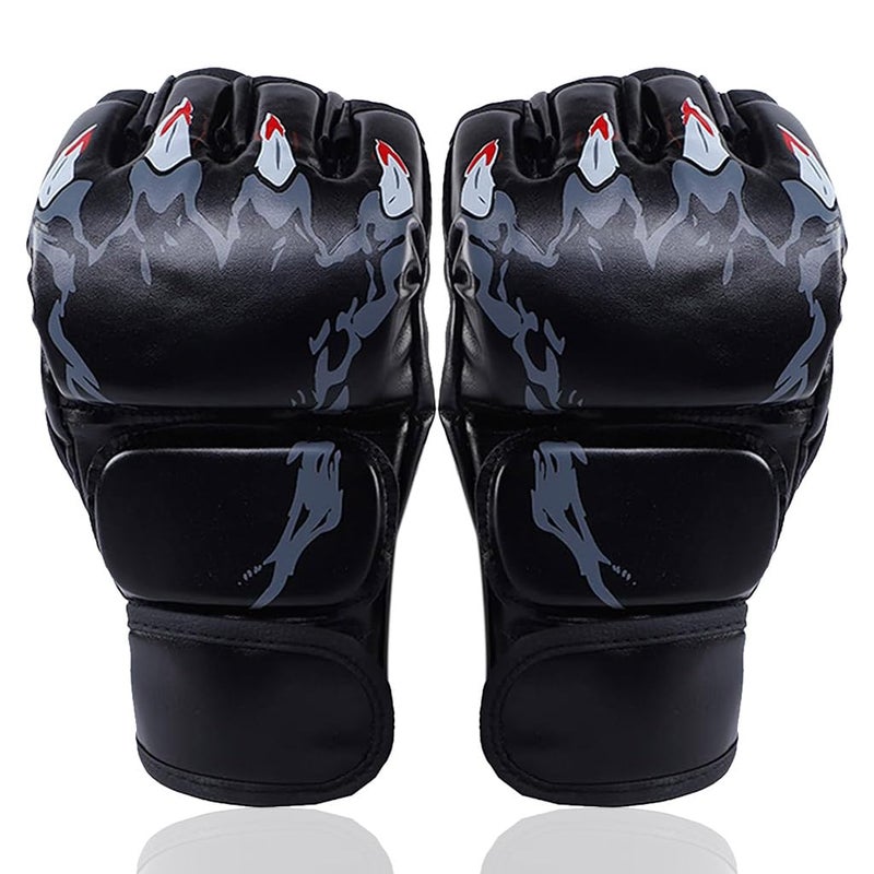 Proberos ® Boxing Gloves Black Print MMA Gloves with Adjustable Wristband, Breathable Fingerless MMA Gloves for Boxing, Muay Thai and Sparring Sessions, Punching Gloves (23*12cm) - Image 1