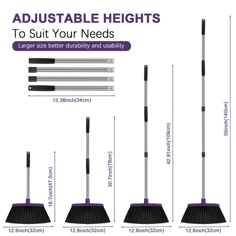 UDUK Heavy Duty Angle Broom, 55-Inch Long Handle Extra Wide 12.6 Inch Head, Stainless Steel Tube & PP Bristles for Pet Hair and Dust, Floor Safe - Purple - Image 2