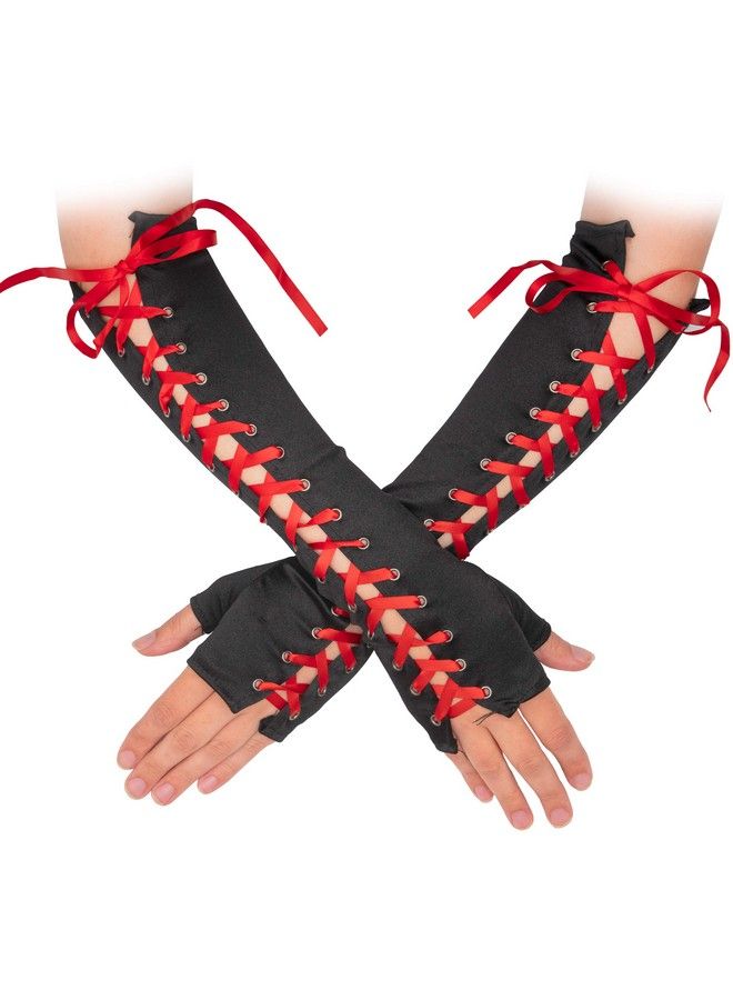 Skeleteen قفازات طويلة سوداء بدون أصابع برباط للزي التنكري وإكسسوارات لتدفئة الذراع والكوع مع ربطة عنق حمراء من الساتان للارتداء في المناسبات الرسمية - Image 1