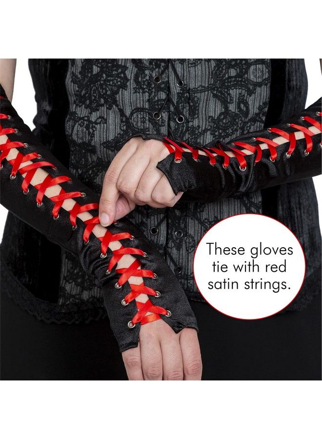 Skeleteen قفازات طويلة سوداء بدون أصابع برباط للزي التنكري وإكسسوارات لتدفئة الذراع والكوع مع ربطة عنق حمراء من الساتان للارتداء في المناسبات الرسمية - Image 3