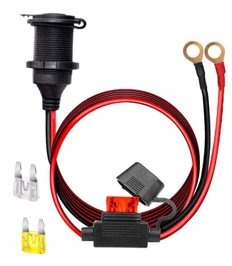 Dongge 12V24V Fixed Thread Cigarette Lighter Socket Extension Cable with Perforated Terminal Direct Battery Type car Adapter 25mm 20A Heavy Duty Cable 10FTFree Two Blade fuses - Image 2