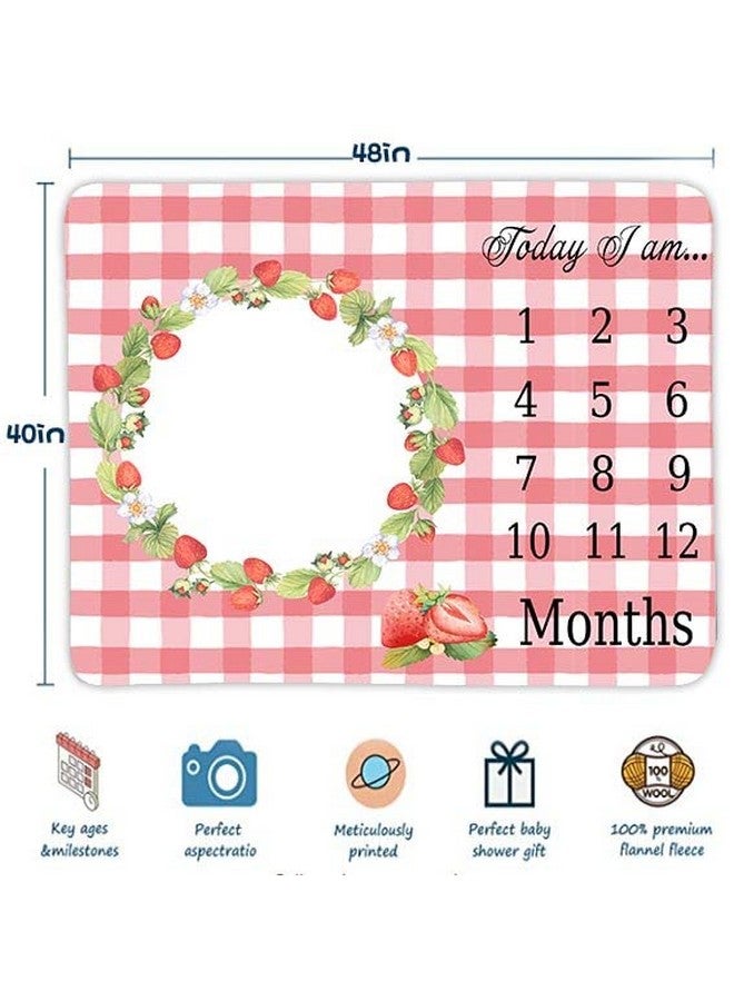 FHZON Strawberry Wreath Milestone Blanket Pink Plaid Baby Blanket Plant Personalized Swaddling Blanket Outdoor Crawling Mat 48x40in BTMYFH46 - Image 4