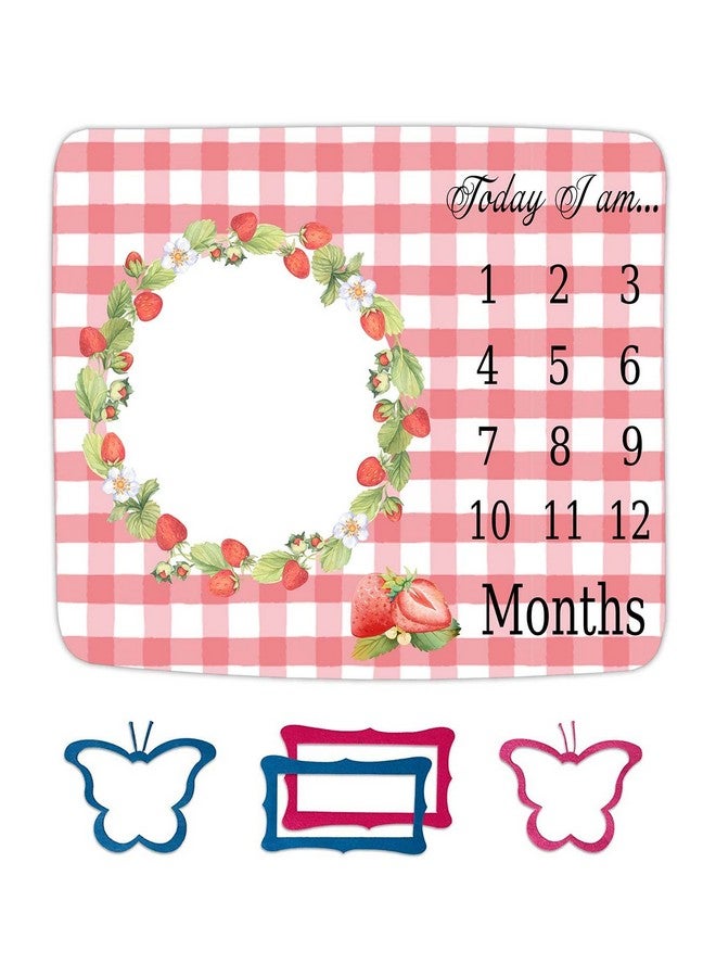 FHZON Strawberry Wreath Milestone Blanket Pink Plaid Baby Blanket Plant Personalized Swaddling Blanket Outdoor Crawling Mat 48x40in BTMYFH46 - Image 1