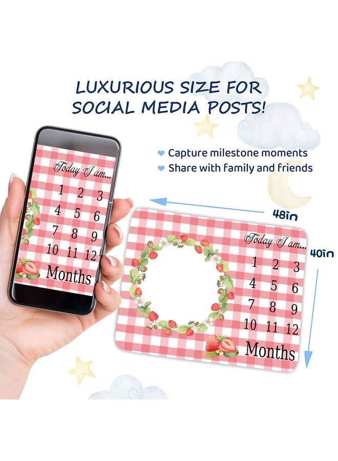 FHZON Strawberry Wreath Milestone Blanket Pink Plaid Baby Blanket Plant Personalized Swaddling Blanket Outdoor Crawling Mat 48x40in BTMYFH46 - Image 3