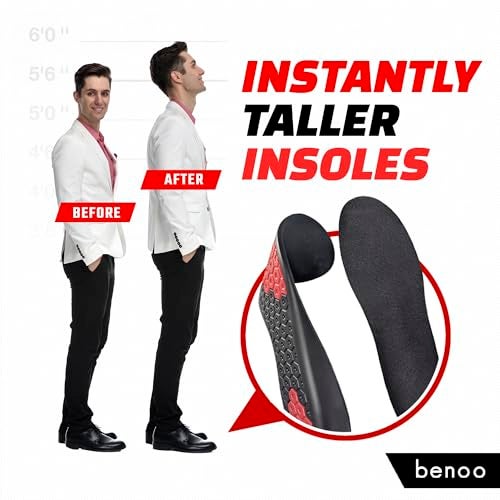 benoo Height Increase Insoles for Men (+1 inch) Shoe Lifts, Instant Height Boosters Insoles, Trim to Fit, Comfortable Shoe Leveler, Confidence Boosters, Shoe Inserts for Height (Mens 12-14) - Image 3