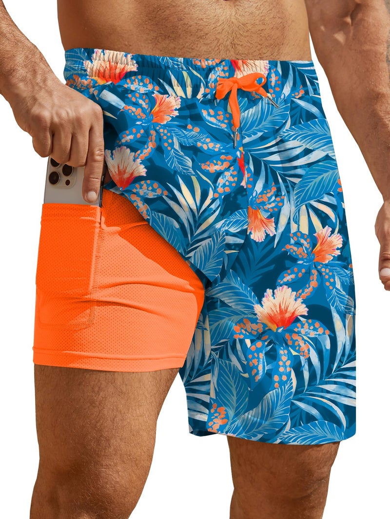 Hardaddy Men's 2 in 1 Swim Trunks with Compression Liner Beach Board Shorts with Pockets Navy Blue XL - Image 1