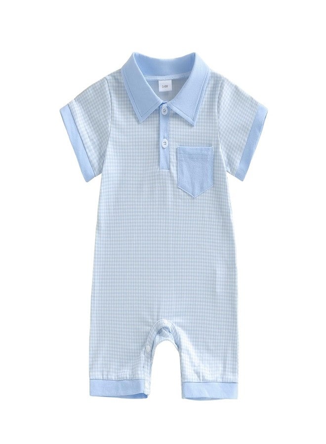 FOCUSNORM Newborn Baby Boy Summer Clothes Short Sleeve Lapel Jumpsuit Collar Plaid Romper Onesie Cute Infant Baby Boy Outfit (Plaid Blue, 0-3 Months) - Image 1