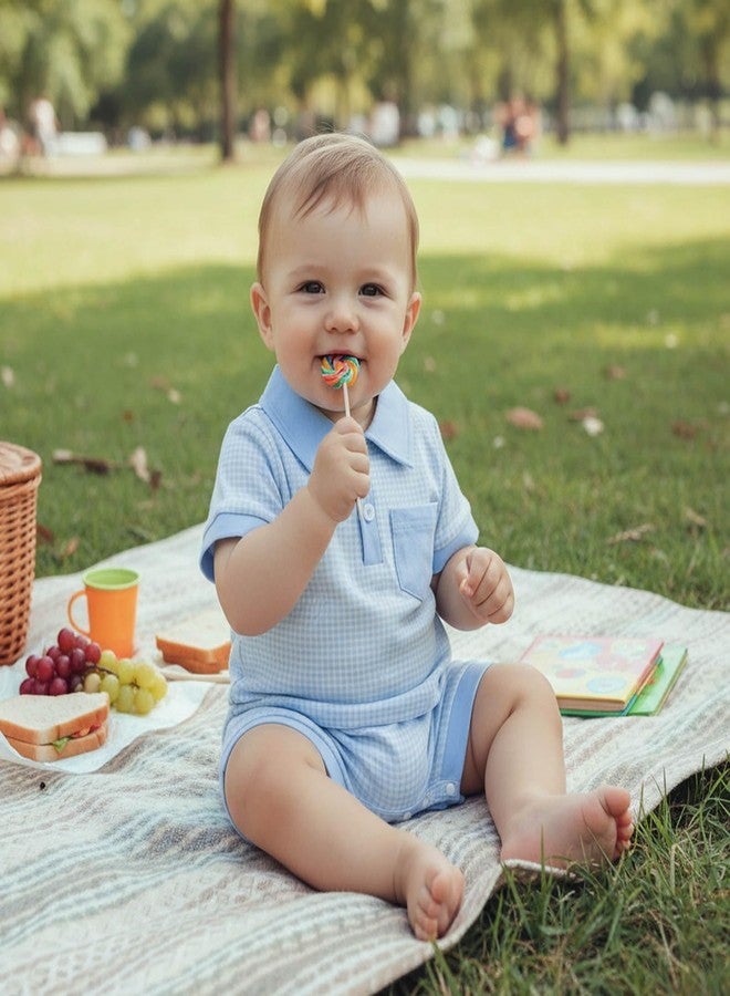 FOCUSNORM Newborn Baby Boy Summer Clothes Short Sleeve Lapel Jumpsuit Collar Plaid Romper Onesie Cute Infant Baby Boy Outfit (Plaid Blue, 0-3 Months) - Image 4