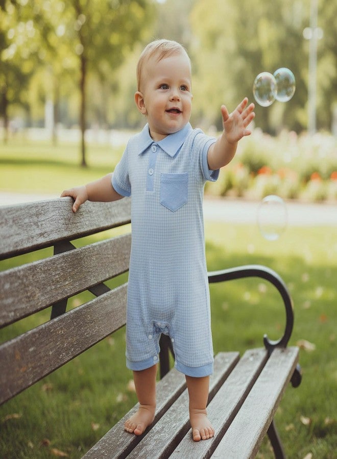 FOCUSNORM Newborn Baby Boy Summer Clothes Short Sleeve Lapel Jumpsuit Collar Plaid Romper Onesie Cute Infant Baby Boy Outfit (Plaid Blue, 0-3 Months) - Image 2