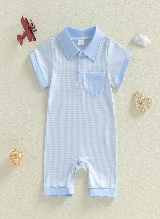 FOCUSNORM Newborn Baby Boy Summer Clothes Short Sleeve Lapel Jumpsuit Collar Plaid Romper Onesie Cute Infant Baby Boy Outfit (Plaid Blue, 0-3 Months) - Image 5