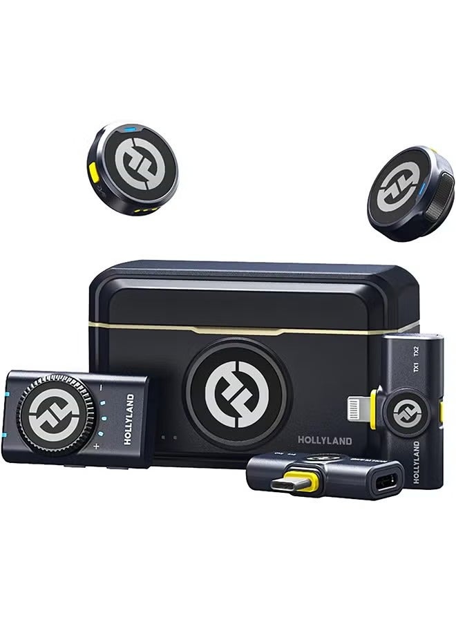 هولي لاند ميكروفون لارك M2 اللاسلكي لأجهزة iPhone وAndroid والكاميرا، صوت عالي الدقة 48 كيلوهرتز 24 بت، مدى رؤية 1000 قدم، إلغاء الضوضاء، مدة 40 ساعة للتدوين المرئي، آسود - Image 1