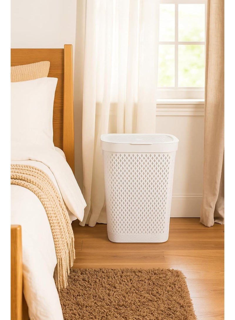 صقوير سلة غسيل بلاستيكية فاخرة مع غطاء [55 لترًا] - سلة ملابس متينة وجيدة التهوية لتخزين الغسيل - سعة كبيرة وخفيفة الوزن وسهلة الحمل - أبيض - Image 2