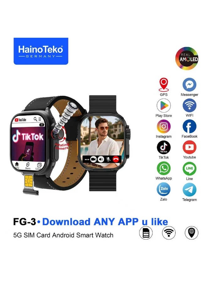 Haino Teko HainoTeko FG-3 5G Android Smart Watch with Real AMOLED Display SIM Card Support and Social Media Integration Designed for Gents Black