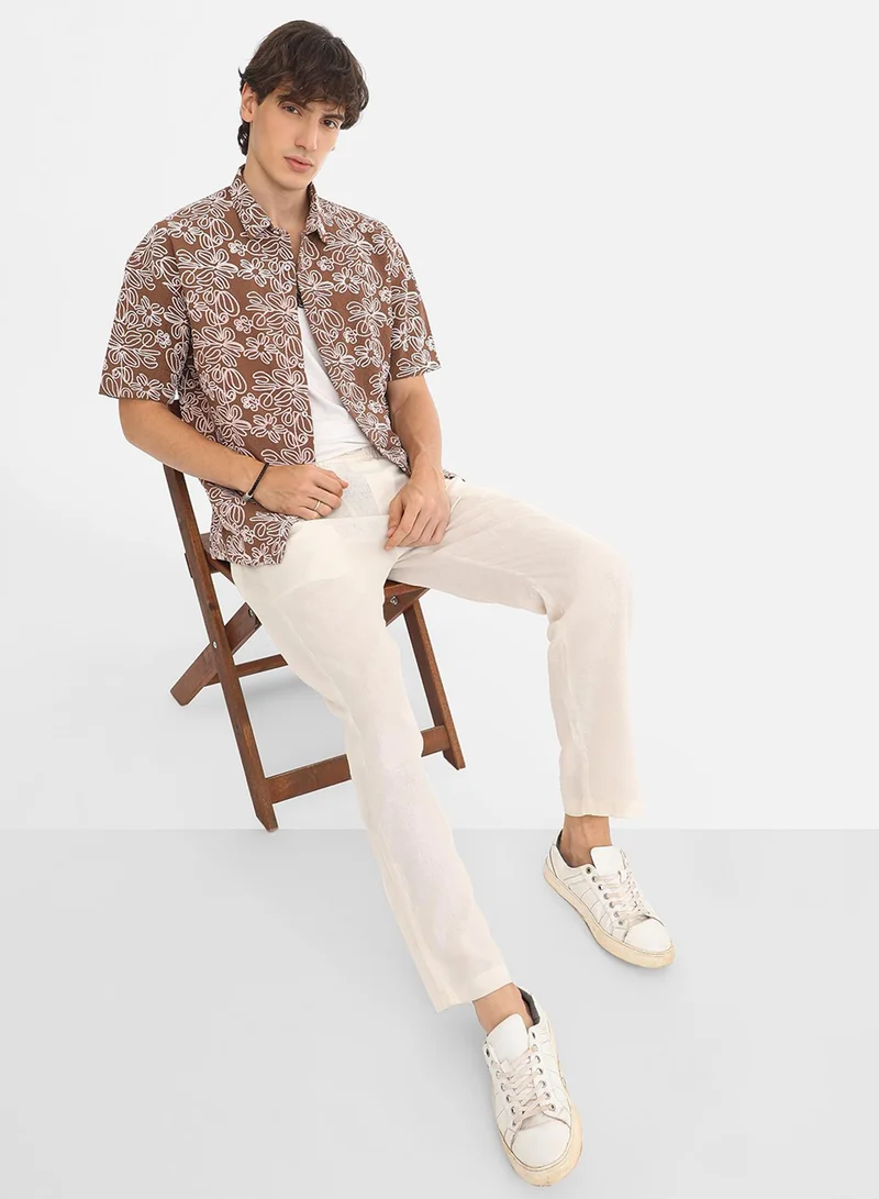كامبوس سوترا Men's Mocha Brown Floral-Lined Oversized Shirt