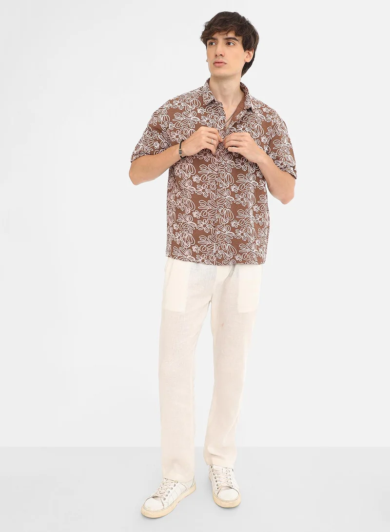 كامبوس سوترا Men's Mocha Brown Floral-Lined Oversized Shirt
