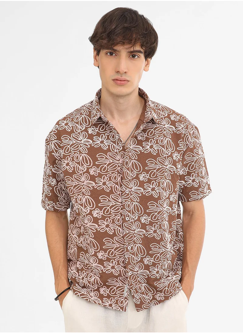 Campus Sutra Men's Mocha Brown Floral-Lined Oversized Shirt