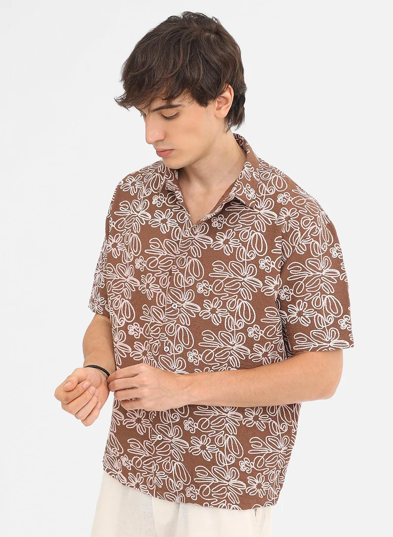 كامبوس سوترا Men's Mocha Brown Floral-Lined Oversized Shirt