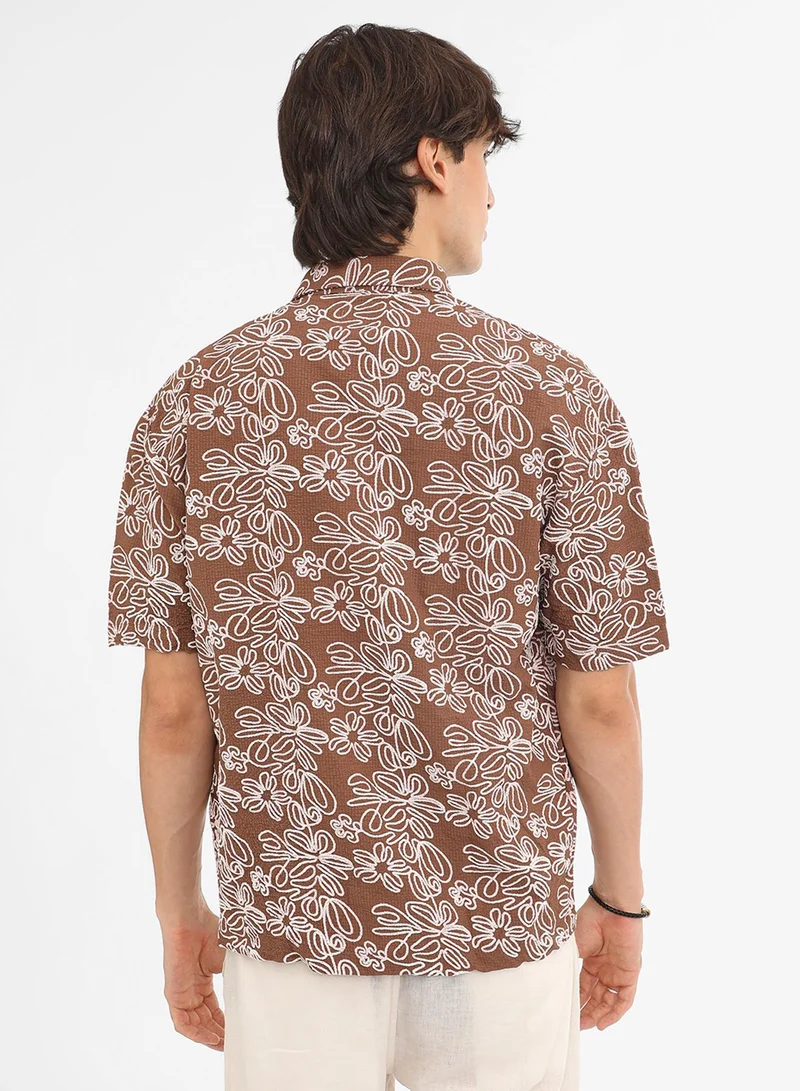 كامبوس سوترا Men's Mocha Brown Floral-Lined Oversized Shirt