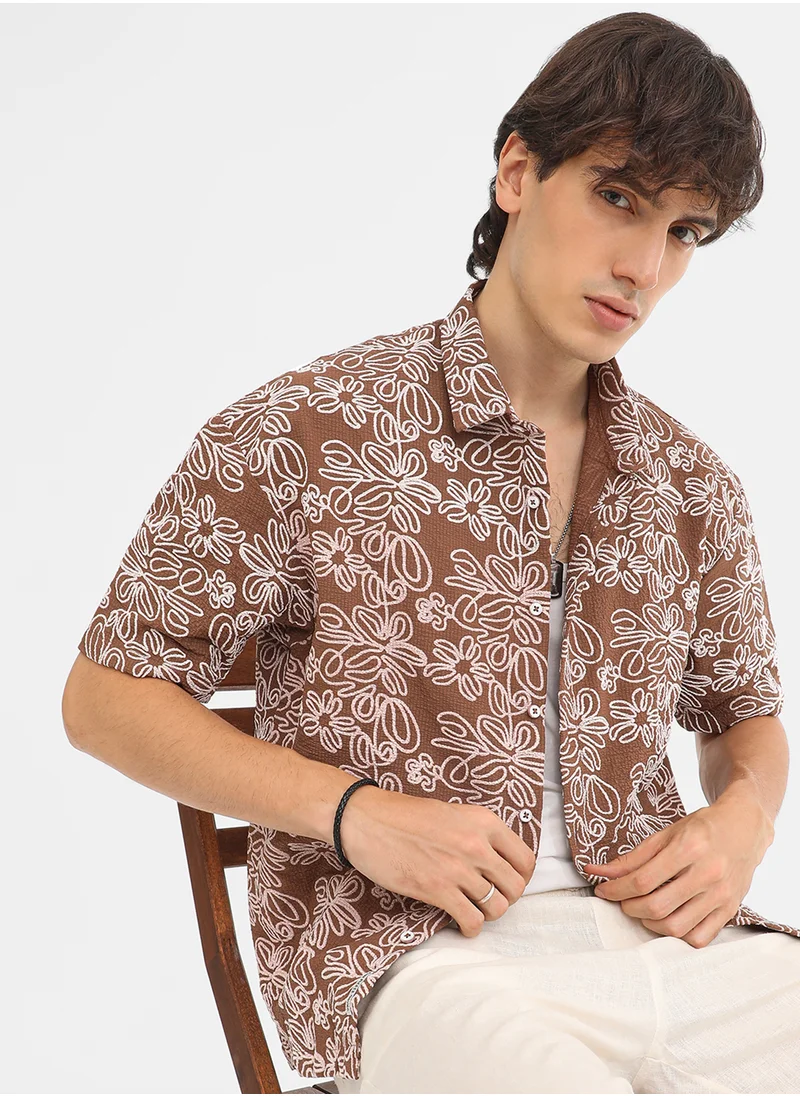 كامبوس سوترا Men's Mocha Brown Floral-Lined Oversized Shirt