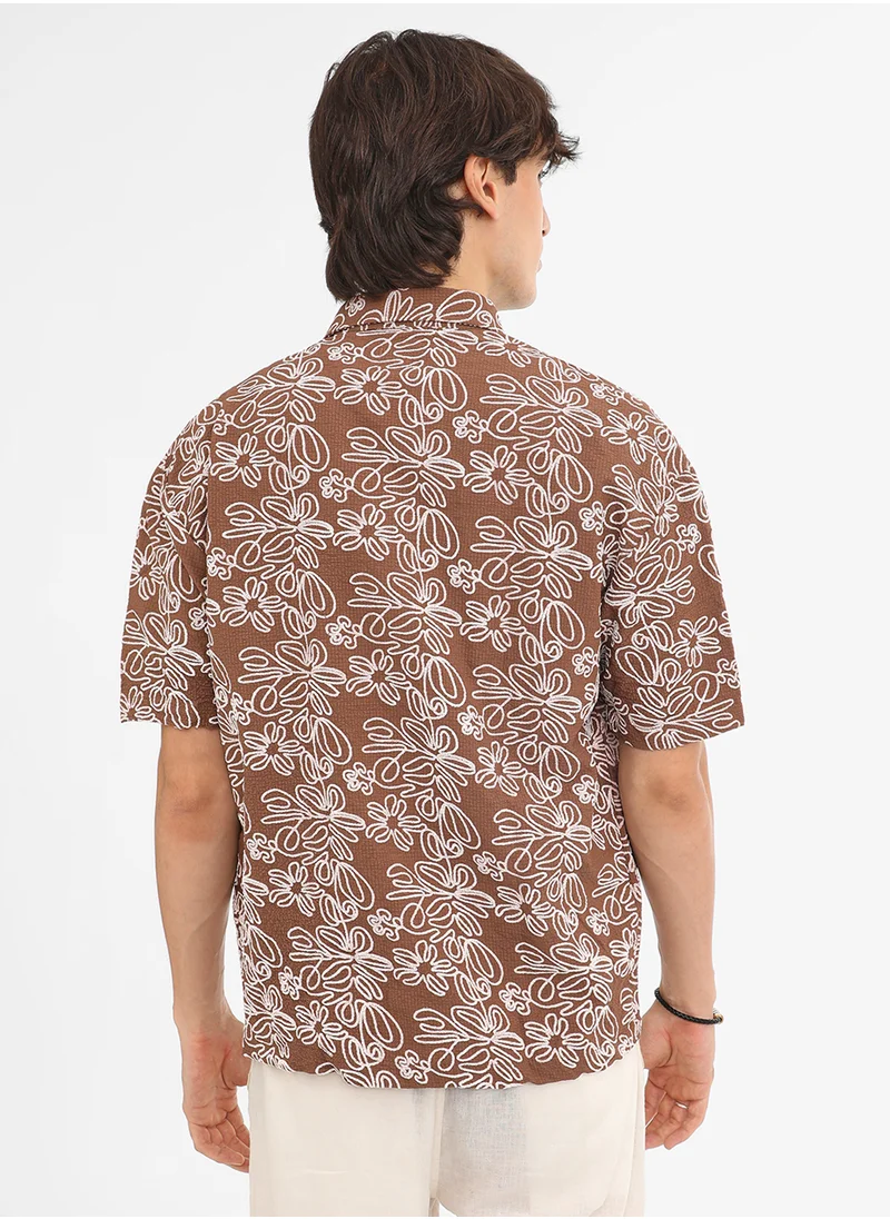 كامبوس سوترا Men's Mocha Brown Floral-Lined Oversized Shirt
