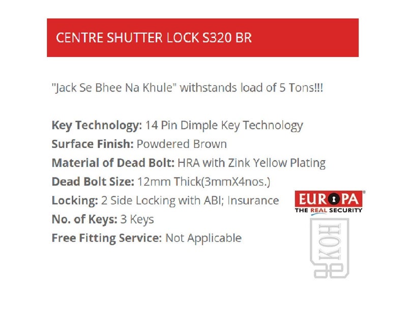 Europa Centre Shutter Lock S320BR with 2 Side Locking with ABI Insurance 5 Tons Load - Image 3