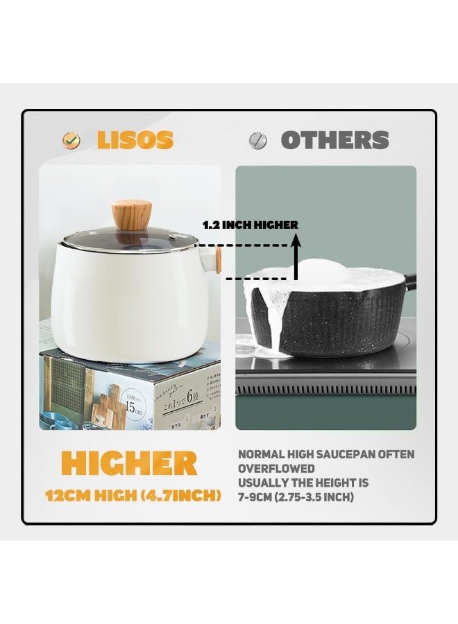 Lisos  2.6 Quart Non-Stick Sauce Pan With Lid, Small Milk Pots For Cooking With Pour Spout, Aluminum Stock Pot Wood Handle For Kitchen, Pfas-Free, White  - Image 2