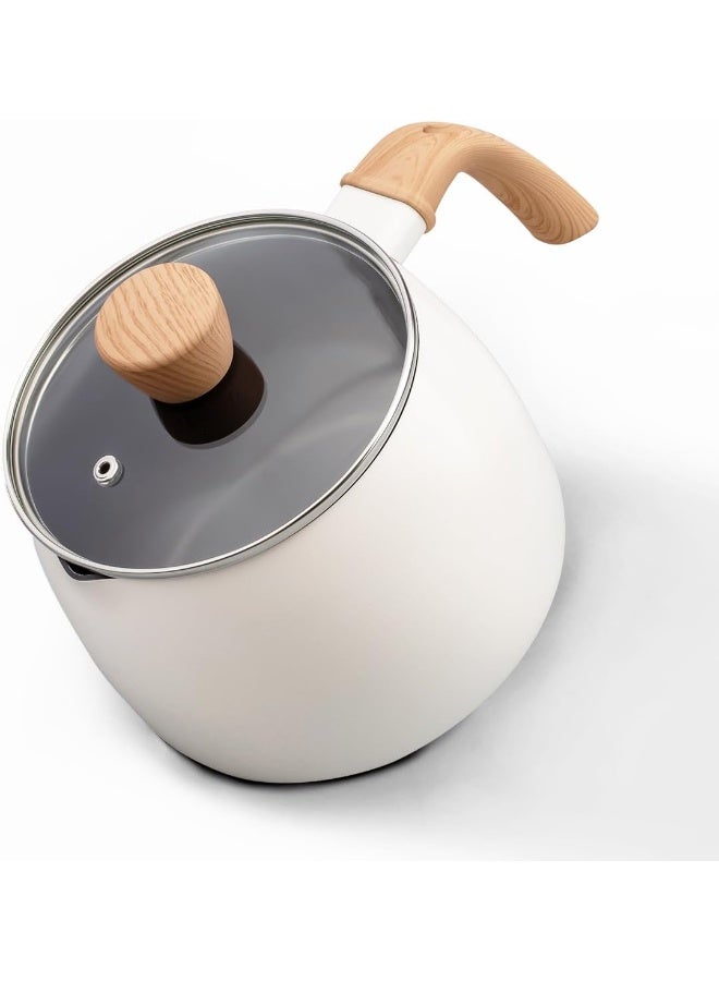 Lisos  2.6 Quart Non-Stick Sauce Pan With Lid, Small Milk Pots For Cooking With Pour Spout, Aluminum Stock Pot Wood Handle For Kitchen, Pfas-Free, White  - Image 1