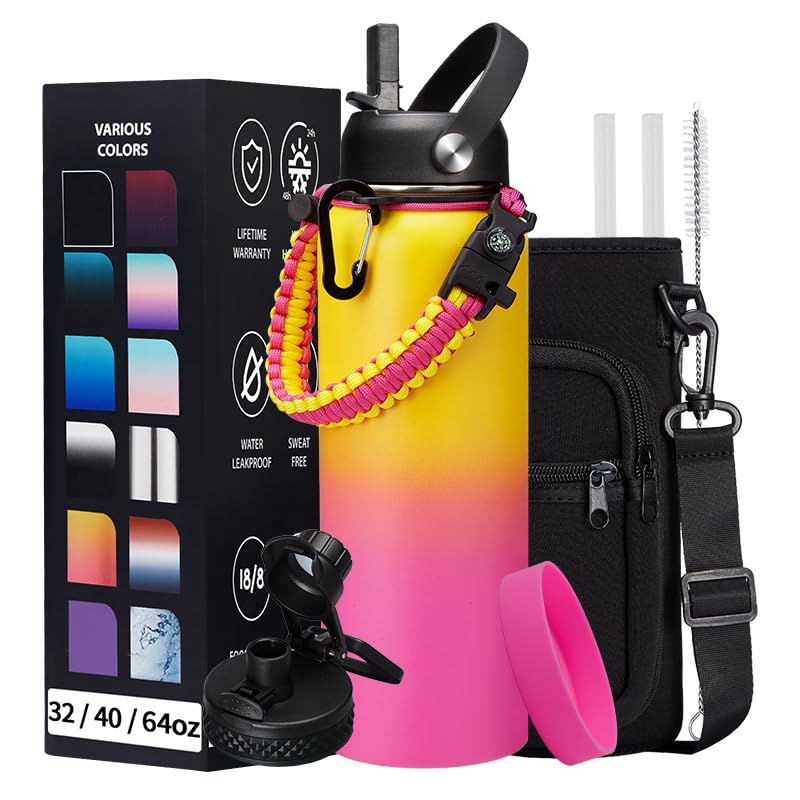DIGJUPER 40OZ Insulated Stainless-Steel Water Bottle - Reusable Metal Water Bottles with Straw & Spout Lids, Paracord Handle & Carrier Pouch, Leakproof Workout Water Flask for Women Men - Image 1