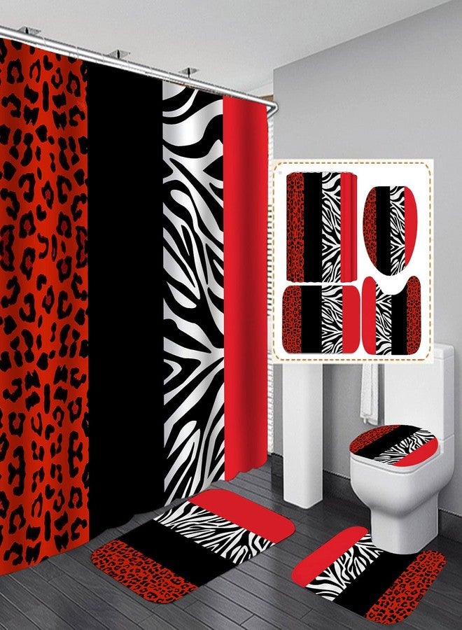 jieprom 4PCS Leopard Print Shower Curtain Set with Rug, Toilet Lid Cover and Bath Mat,Red Black Splice Shower Curtain with 12 Hooks, Complete Bathroom Accessories Decor Set - Image 1