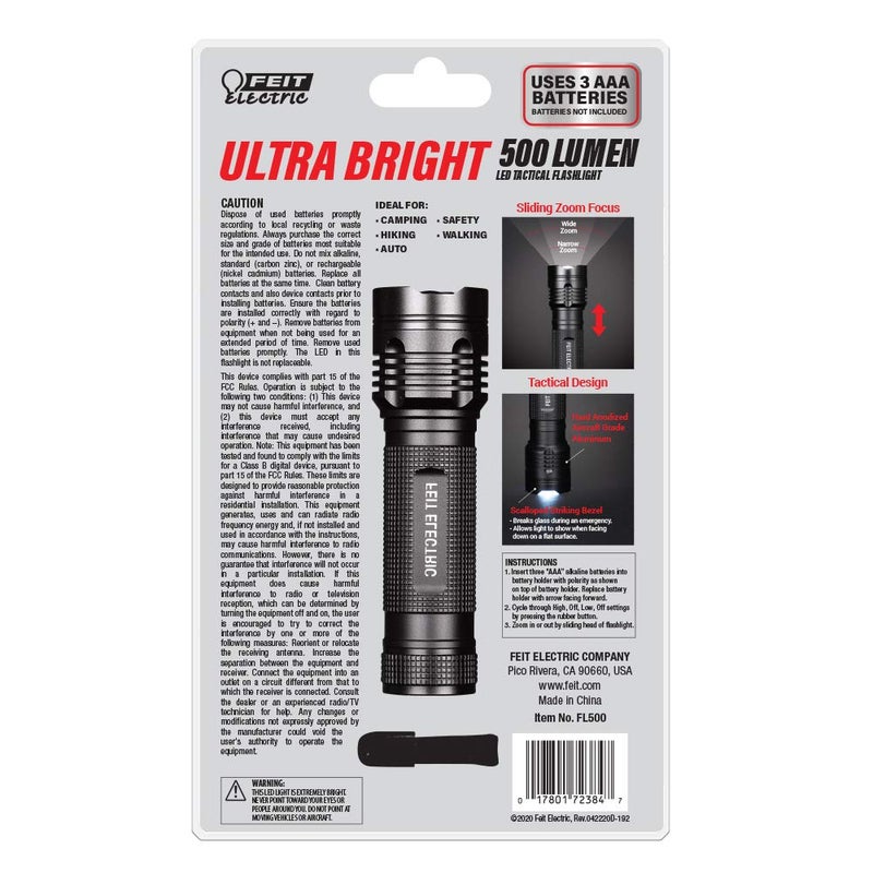 Feit Electric LED Tactical Flashlight - Aluminum Alloy - Zoomable Strike Bezel; Illuminate up to 600 feet - Adjustable Brightness from 170-500 Lumen | Requires 3-AAA Batteries - Image 3