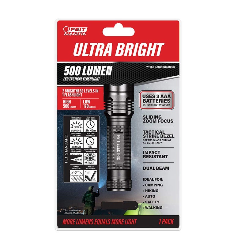 Feit Electric LED Tactical Flashlight - Aluminum Alloy - Zoomable Strike Bezel; Illuminate up to 600 feet - Adjustable Brightness from 170-500 Lumen | Requires 3-AAA Batteries - Image 1
