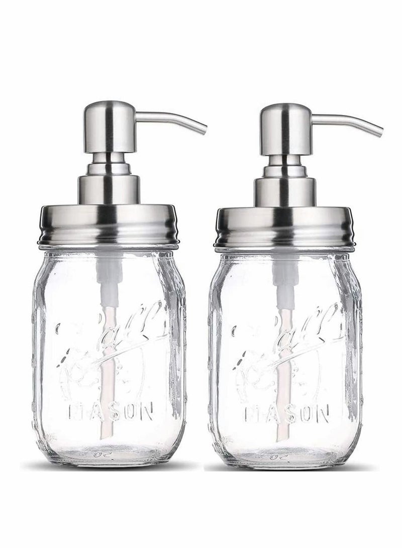 Excefore Clear Glass Jar Soap Dispenser with Stainless steel pump Classic Decor for Bathroom Kitchen Farmhouse Decor Great for Essential Oils, Lotions, Liquid Soaps (Stainless Steel) 2 pcs - Image 1