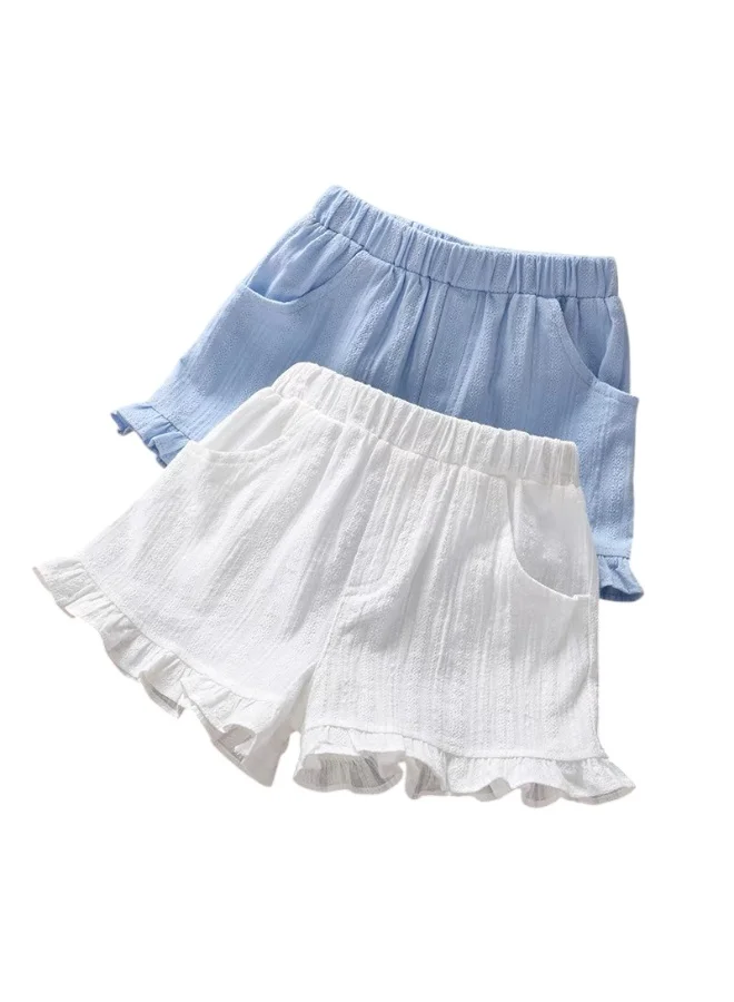 بيداني Girls Soft Cotton Ruffle  Blue White Shorts-set of two