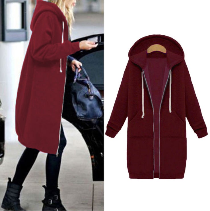 2021 Autumn Winter Brushed Fleece Hoodie Cardigan Wine Red 