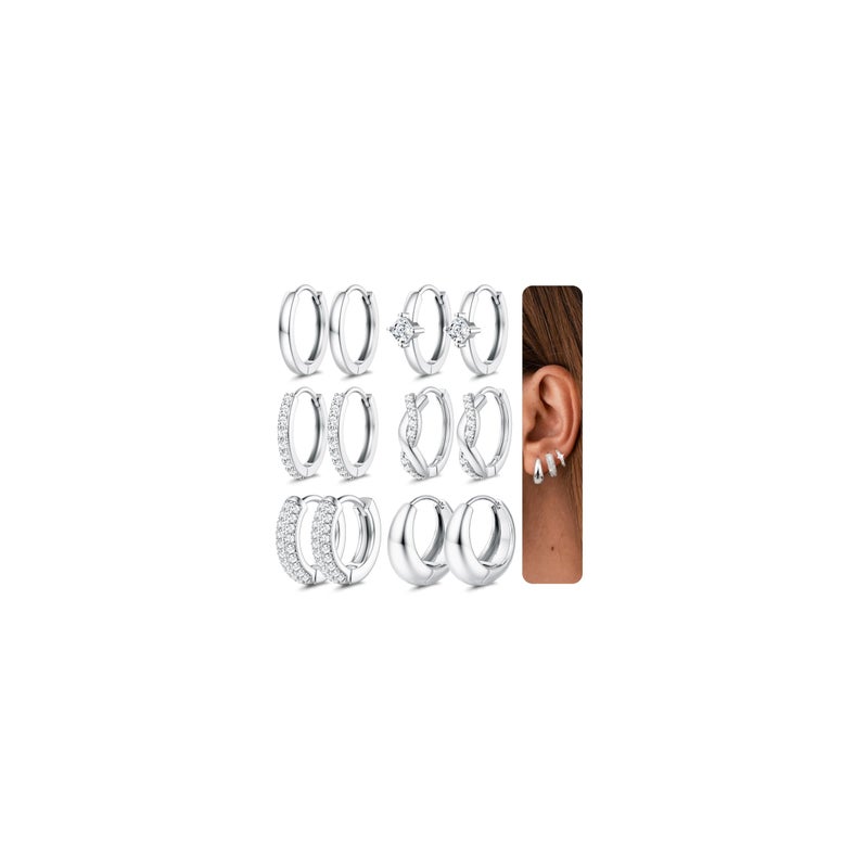 LOYALLOOK Small Chunky Silver Plated Hoop Earrings for Women Hypoallergenic Silver Huggie Earrings for Women Trendy Cartilage Hoop Earring Stacks Lightweight Earring Sets for Multiple Piercing 6Pairs - Image 1