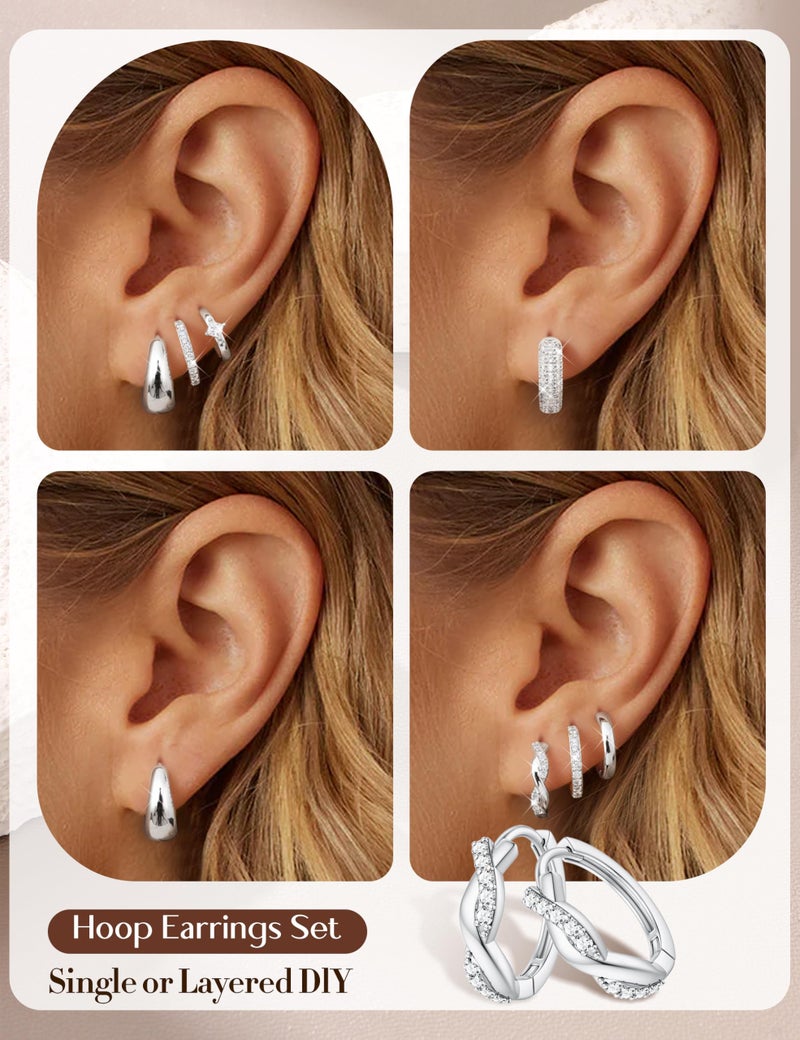 LOYALLOOK Small Chunky Silver Plated Hoop Earrings for Women Hypoallergenic Silver Huggie Earrings for Women Trendy Cartilage Hoop Earring Stacks Lightweight Earring Sets for Multiple Piercing 6Pairs - Image 3