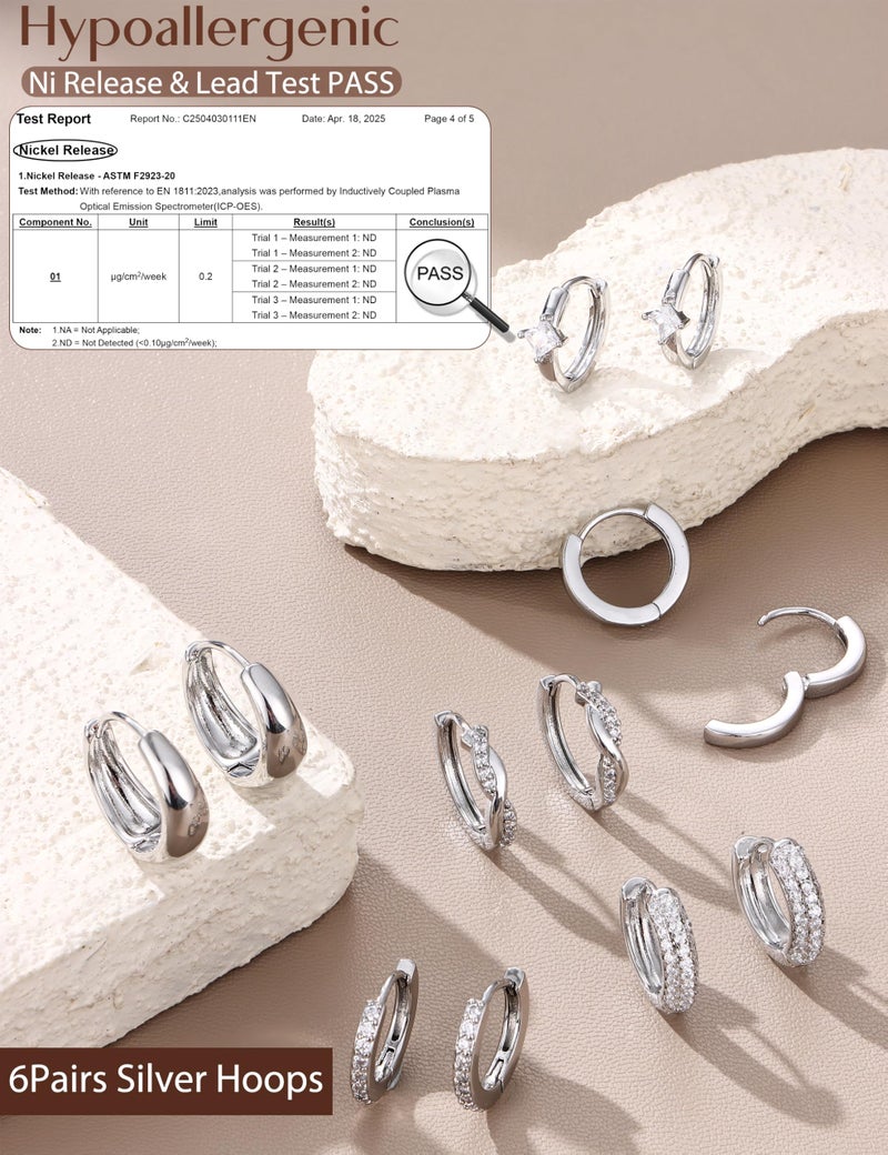 LOYALLOOK Small Chunky Silver Plated Hoop Earrings for Women Hypoallergenic Silver Huggie Earrings for Women Trendy Cartilage Hoop Earring Stacks Lightweight Earring Sets for Multiple Piercing 6Pairs - Image 5