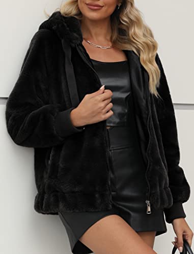 Bellivera Women Faux Fur Coat Spring Clothes Winter The Fluffy Fuzzy Sherpa Shearling Jacket with Hood 1712014 Black M - Image 2