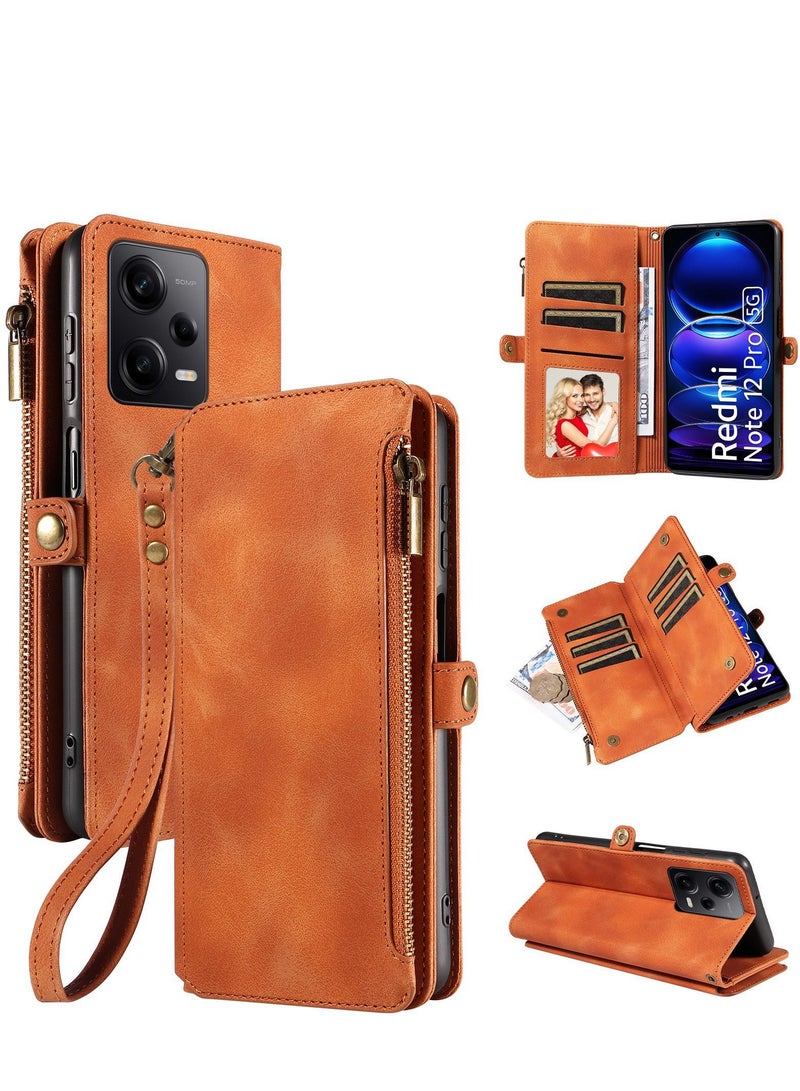 General Wallet-style case, compatible with Redmi Note 12 Pro 5G, with RFID shielding, detachable wrist strap and 9 card slots, leather case with magnetic zipper closure 