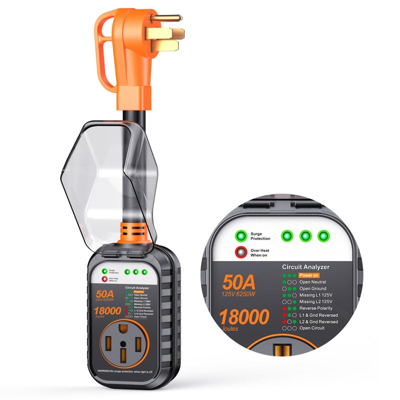 GEARGO ðŸ‘ð«ð-ð†ðžð§ RV Surge Protector 50 Amp, Latest 18000J Surge Protection RV Circuit Analyzer, RV Adapter Plug for Camper with Waterpoof Cover, Plug and Playï¼ˆOrangeï¼‰ - Image 1