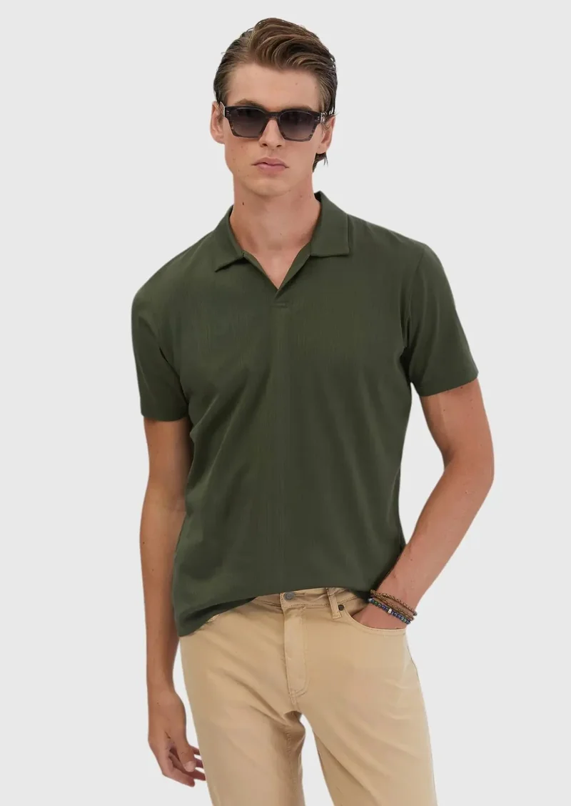 RAMSEY Khaki Jacquard Polo Neck 100% Cotton T-Shirt