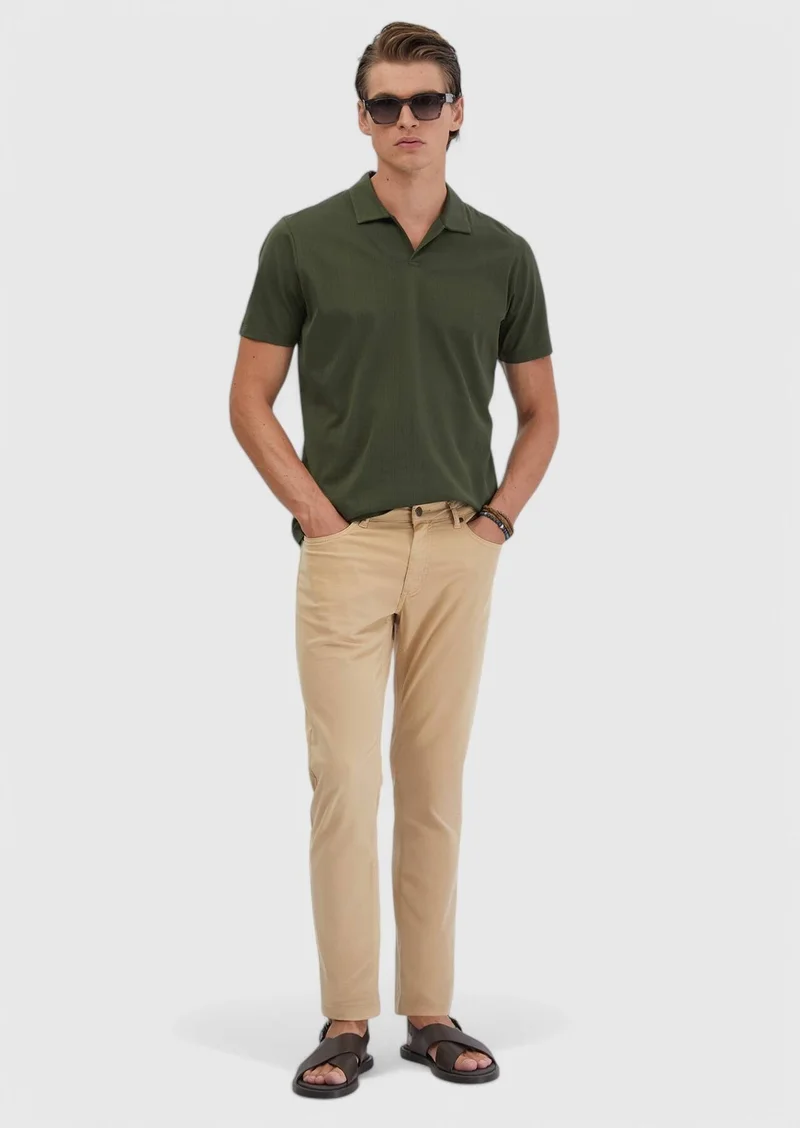 RAMSEY Khaki Jacquard Polo Neck 100% Cotton T-Shirt