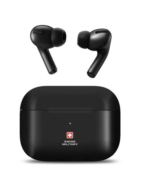Swiss Military Victor True Wireless Earbuds Exceptional Audio Quality, Automatic Connection, Up to 5 Hours of Talk Time, Wireless Charging, Compatible with Apple, Samsung & more-Black